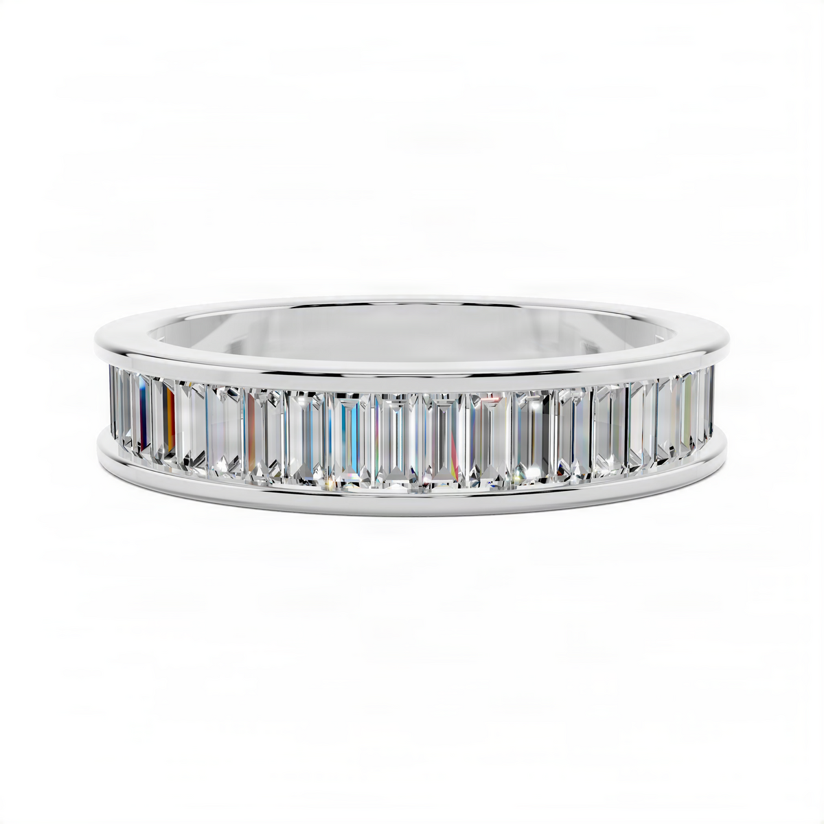 Channel-set baguette gemstone wedding ring with polished metal band and bright stone row