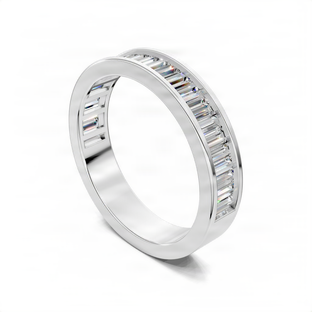 White gold baguette channel-set wedding ring with rectangular stones set in the channel