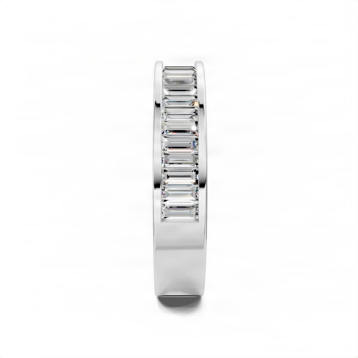 White gold baguette channel-set wedding ring side view with rectangular stones