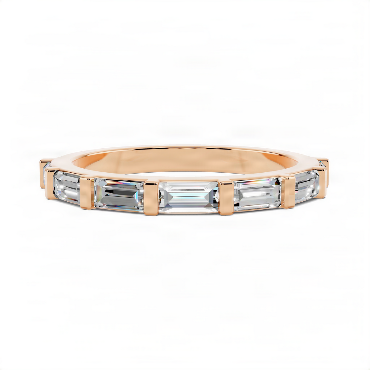 Rose gold baguette wedding band with four baguette stones across the top