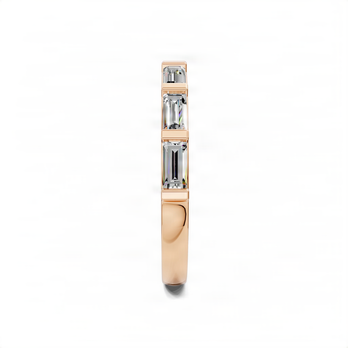 Rose gold baguette wedding band with vertical baguette stones, side view