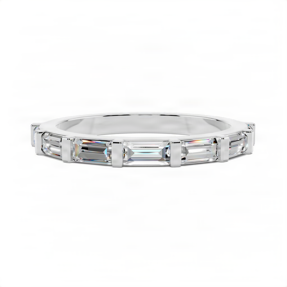 White metal baguette wedding band with five rectangular stones
