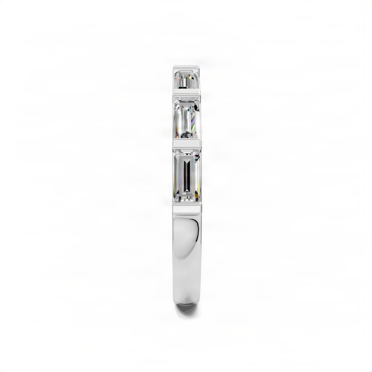 White gold baguette wedding band with vertical baguette stones, side view