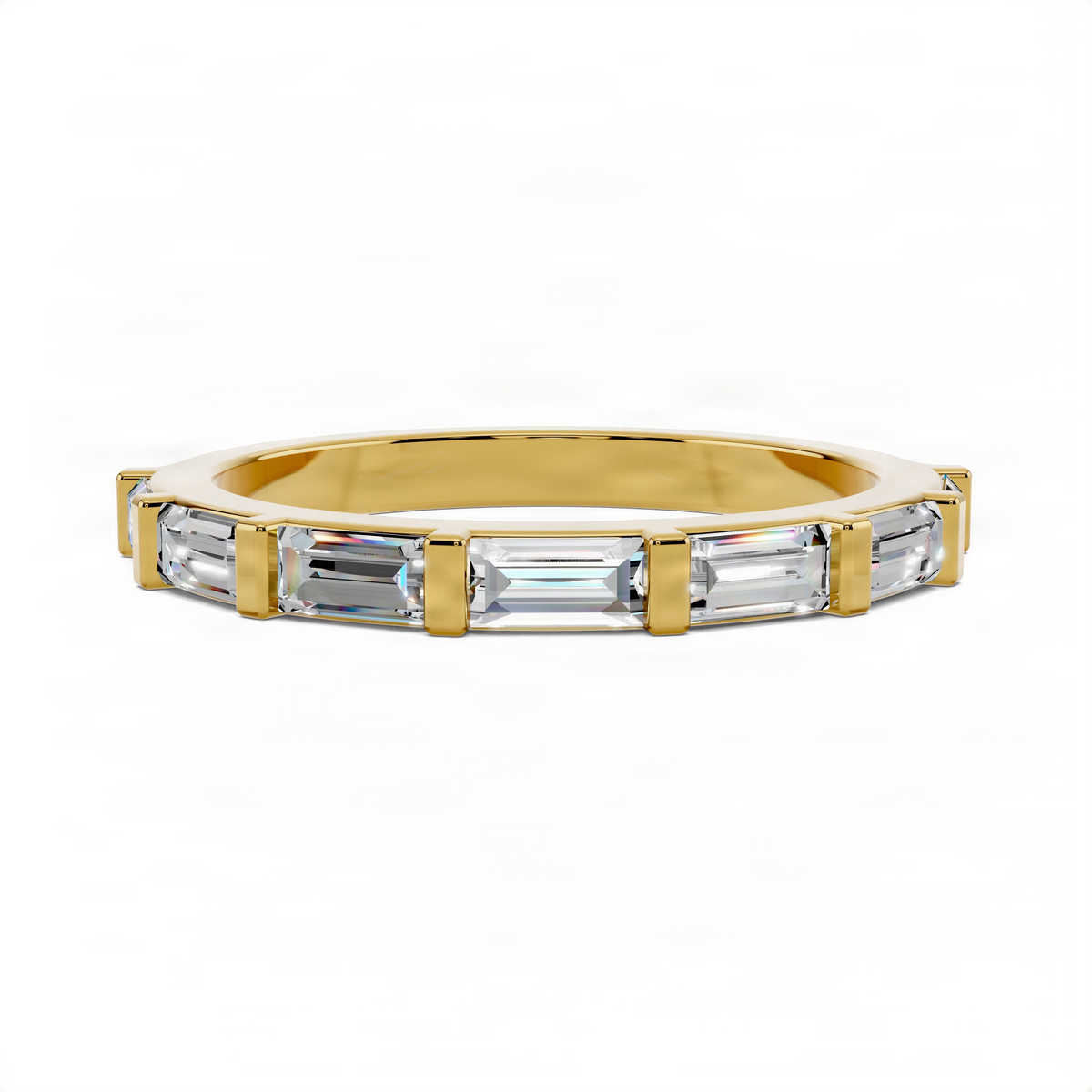 Yellow gold baguette wedding band with four baguette stones across the top
