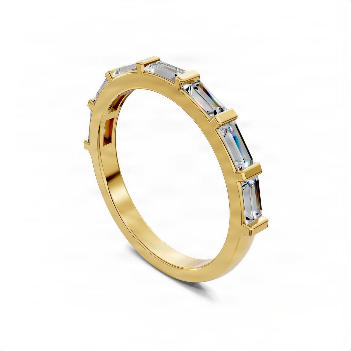 Yellow gold baguette wedding band with dark baguette stones, angled side view