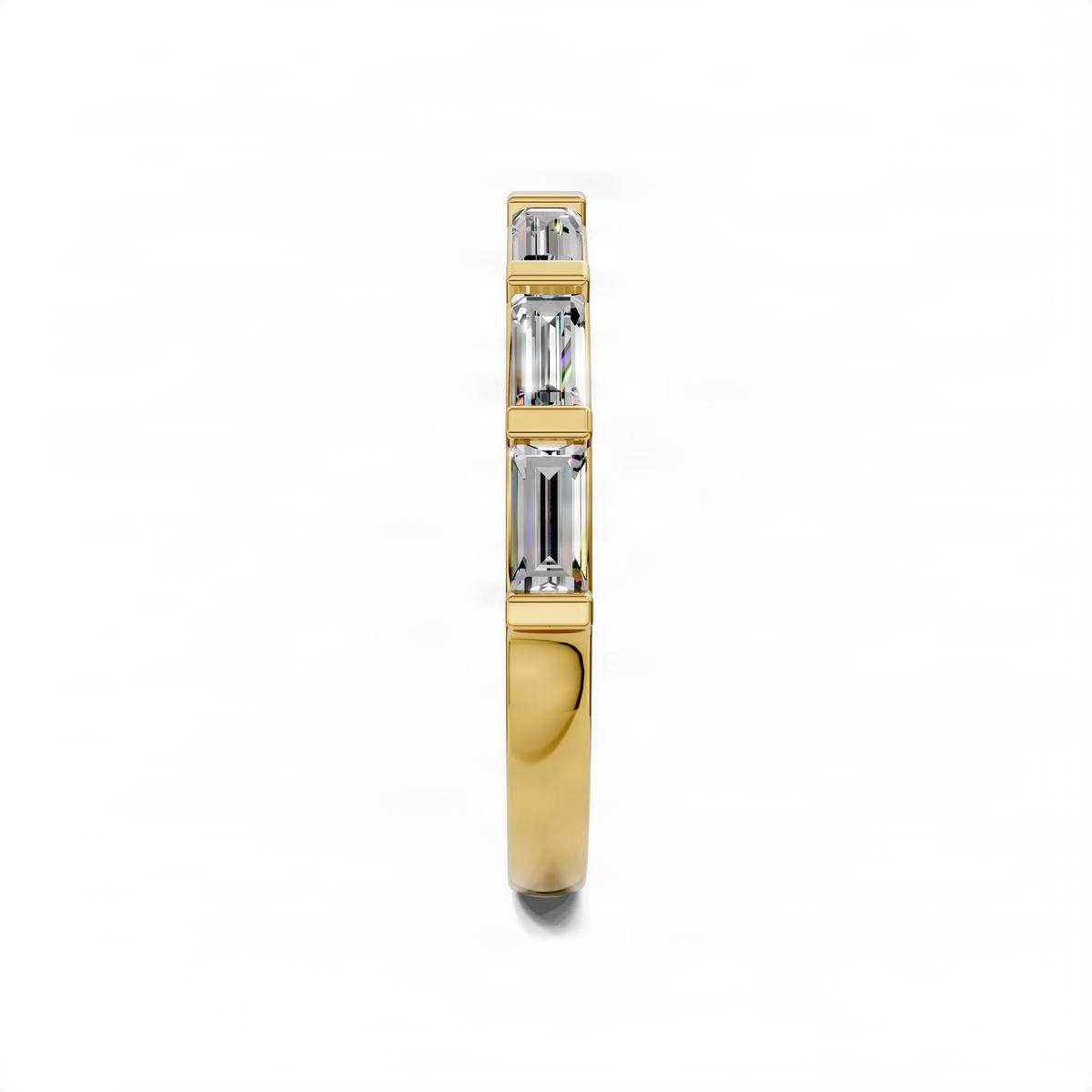 Yellow gold baguette wedding band with vertical baguette stones, side view