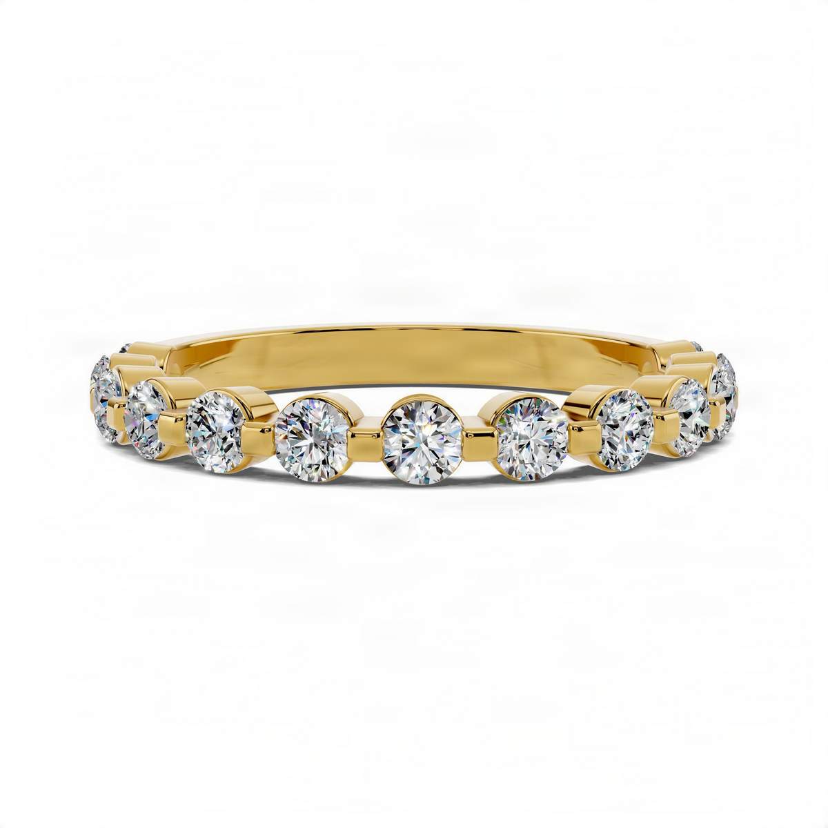Yellow gold wedding band ring with round bezel-set diamonds around the band