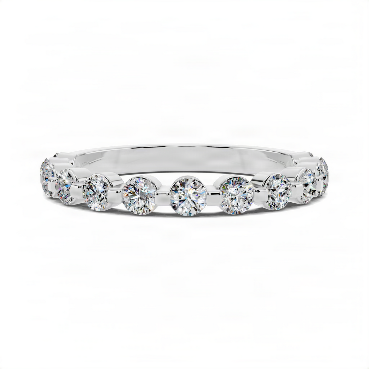 White gold wedding band with round bezel-set diamonds in a continuous row