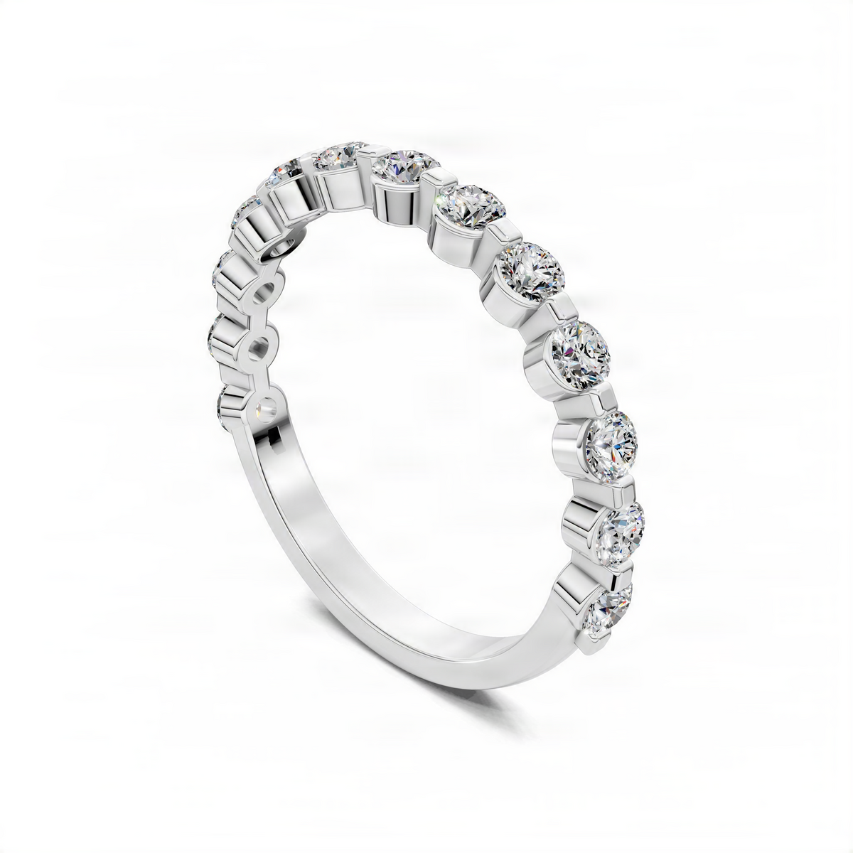 White gold wedding band ring featuring round bezel-set diamonds around the band