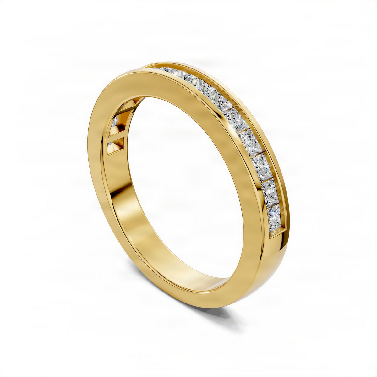 Yellow gold wedding band with channel-set baguette diamonds on the side profile