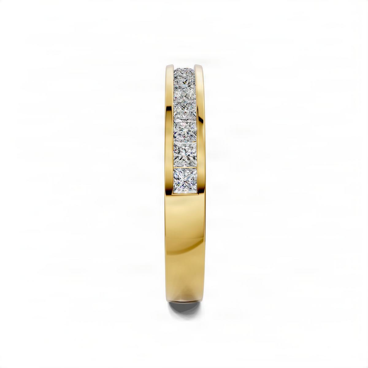 Yellow gold wedding band with channel-set baguette diamonds on the side profile