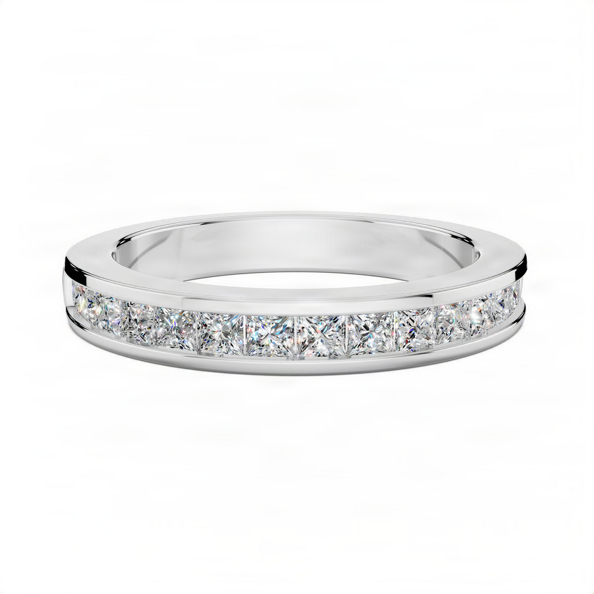 White gold channel-set wedding band with continuous row of sparkling stones