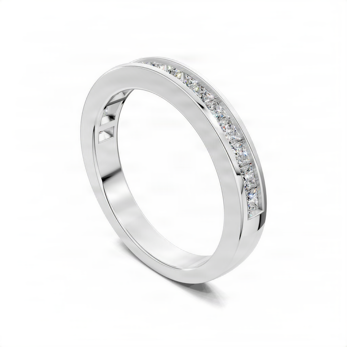 Side view of white gold channel-set wedding band with sparkling stone row