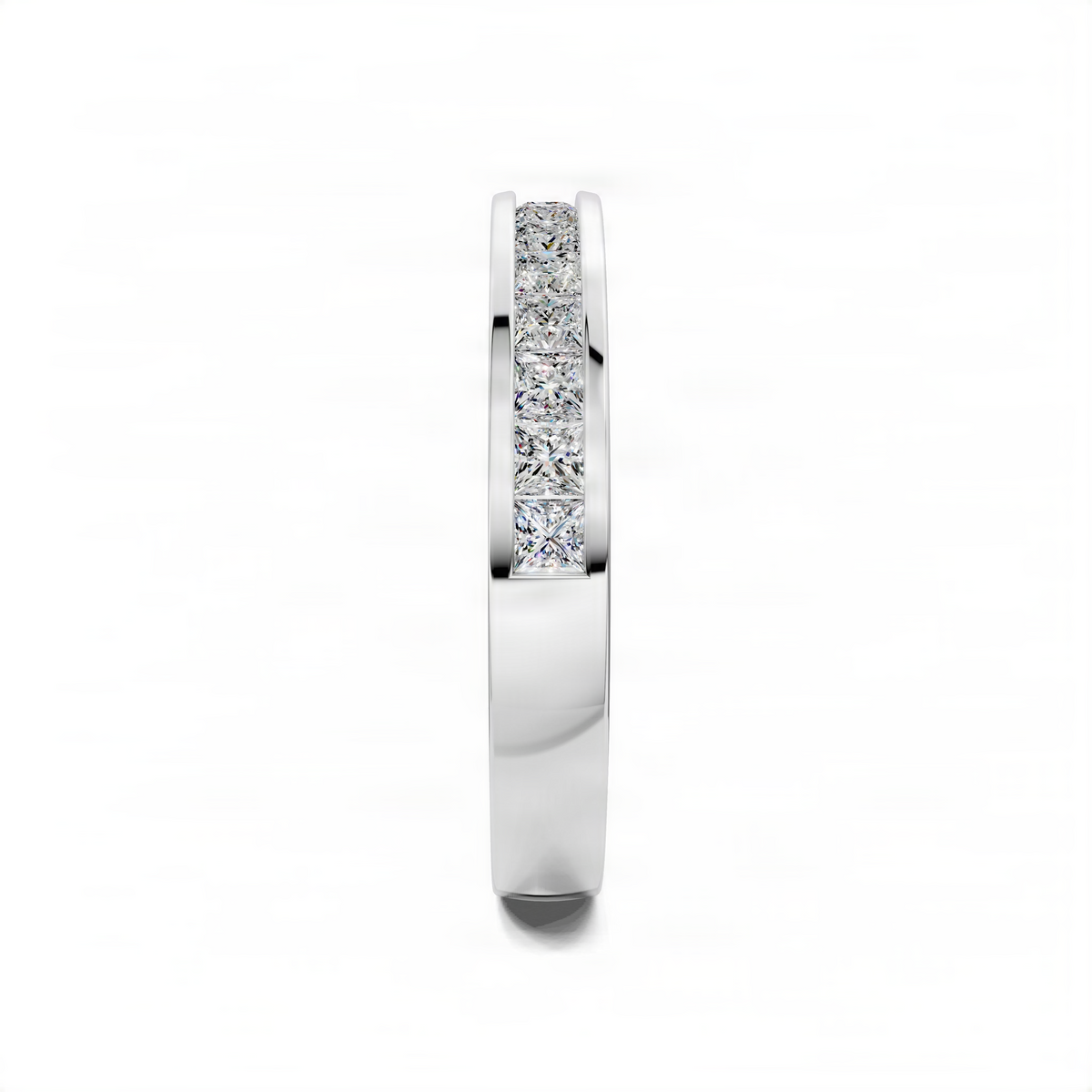 White gold wedding band with channel-set baguette diamonds on the outer edge