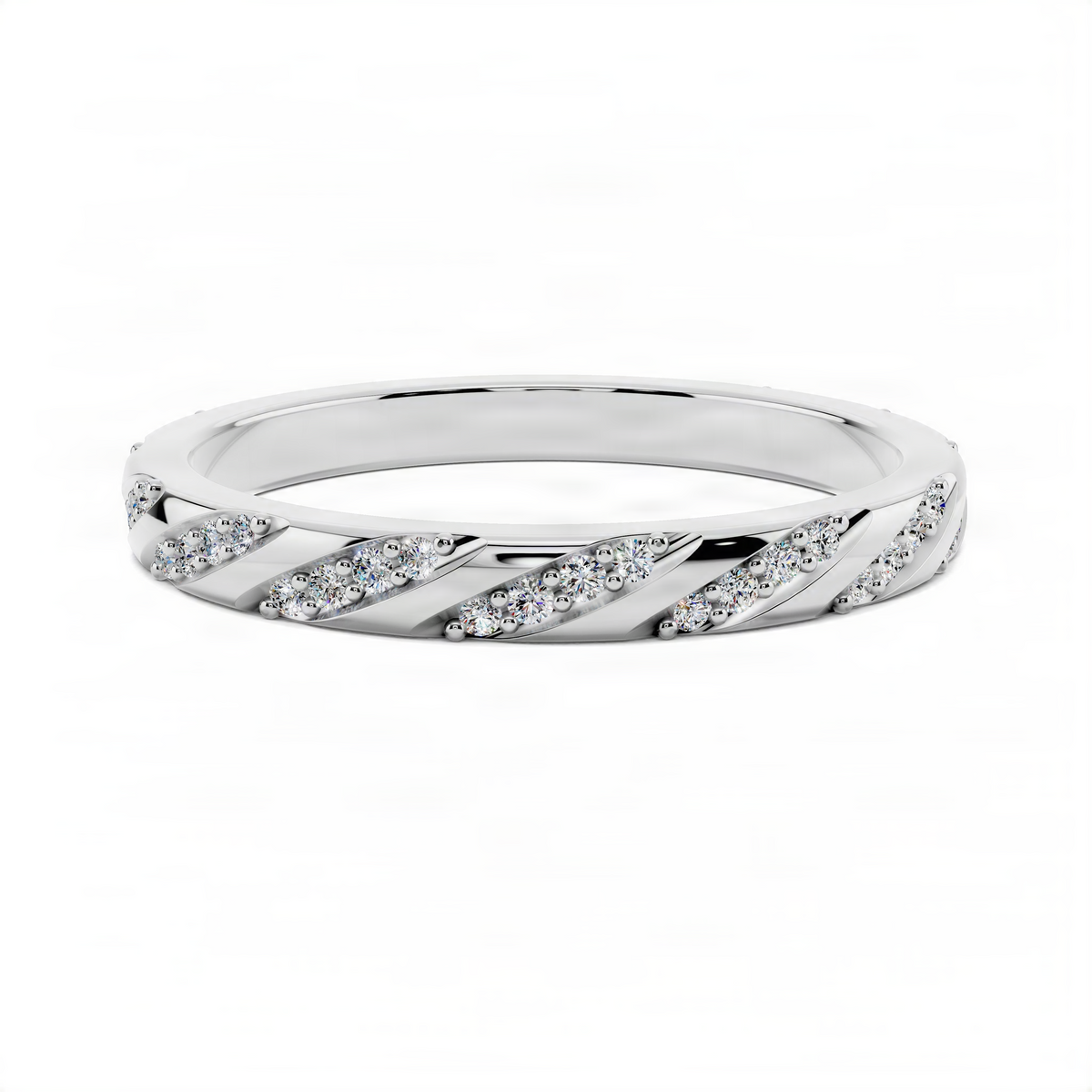 White gold wedding band with oval-cut diamond accents in a crisscross pattern