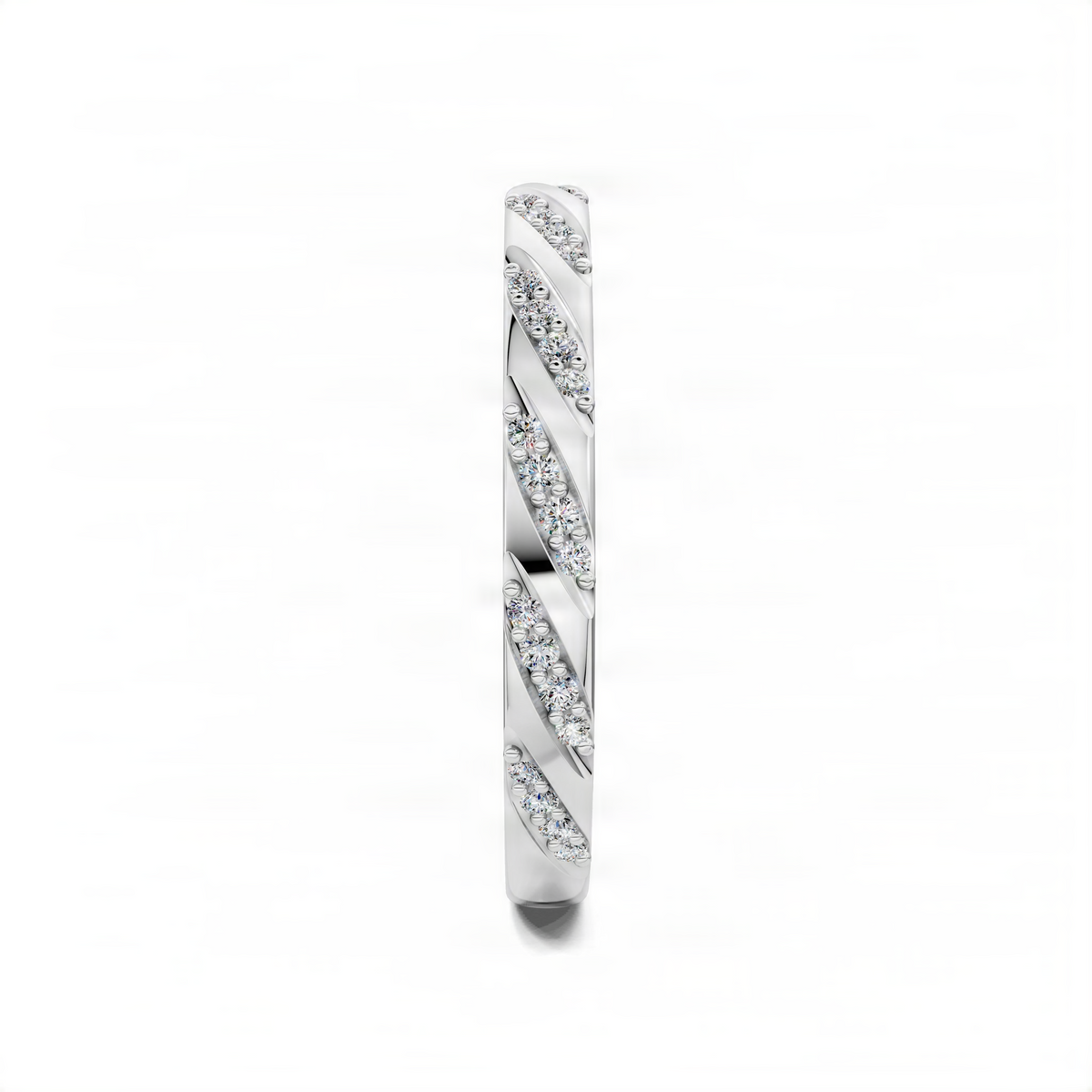 White gold wedding band side profile with repeating diamond oval accents
