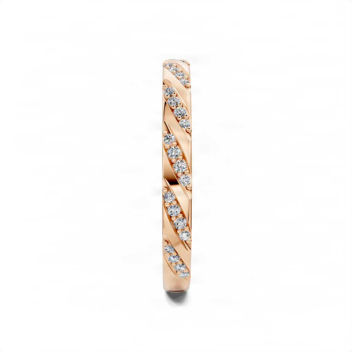 Rose gold wedding band side profile with repeating diamond oval accents