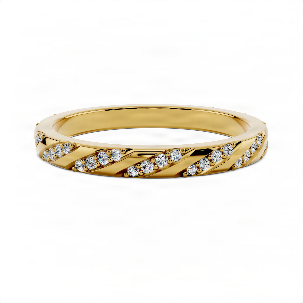 Yellow gold wedding band with oval-cut diamond accents in a crisscross pattern
