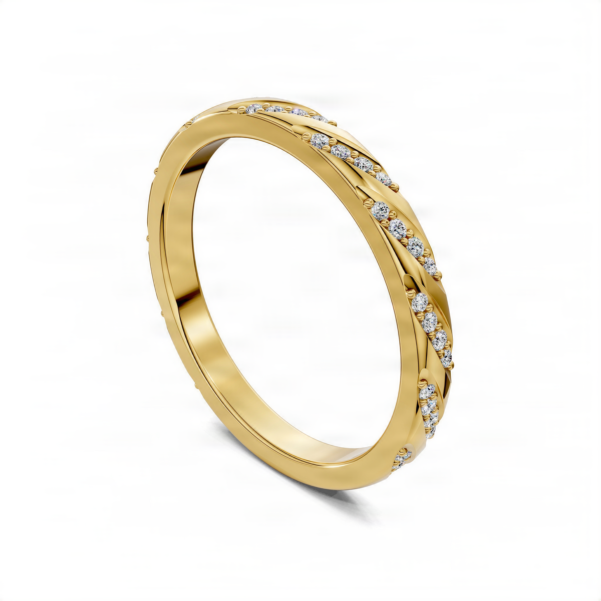 Gold wedding band with twisted pavé diamond accents
