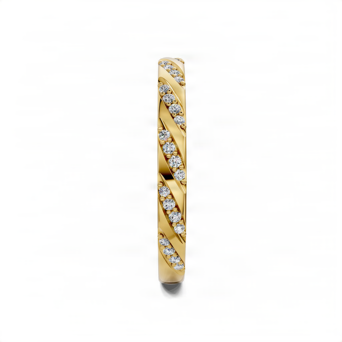 Yellow gold wedding band side profile with repeating diamond oval accents