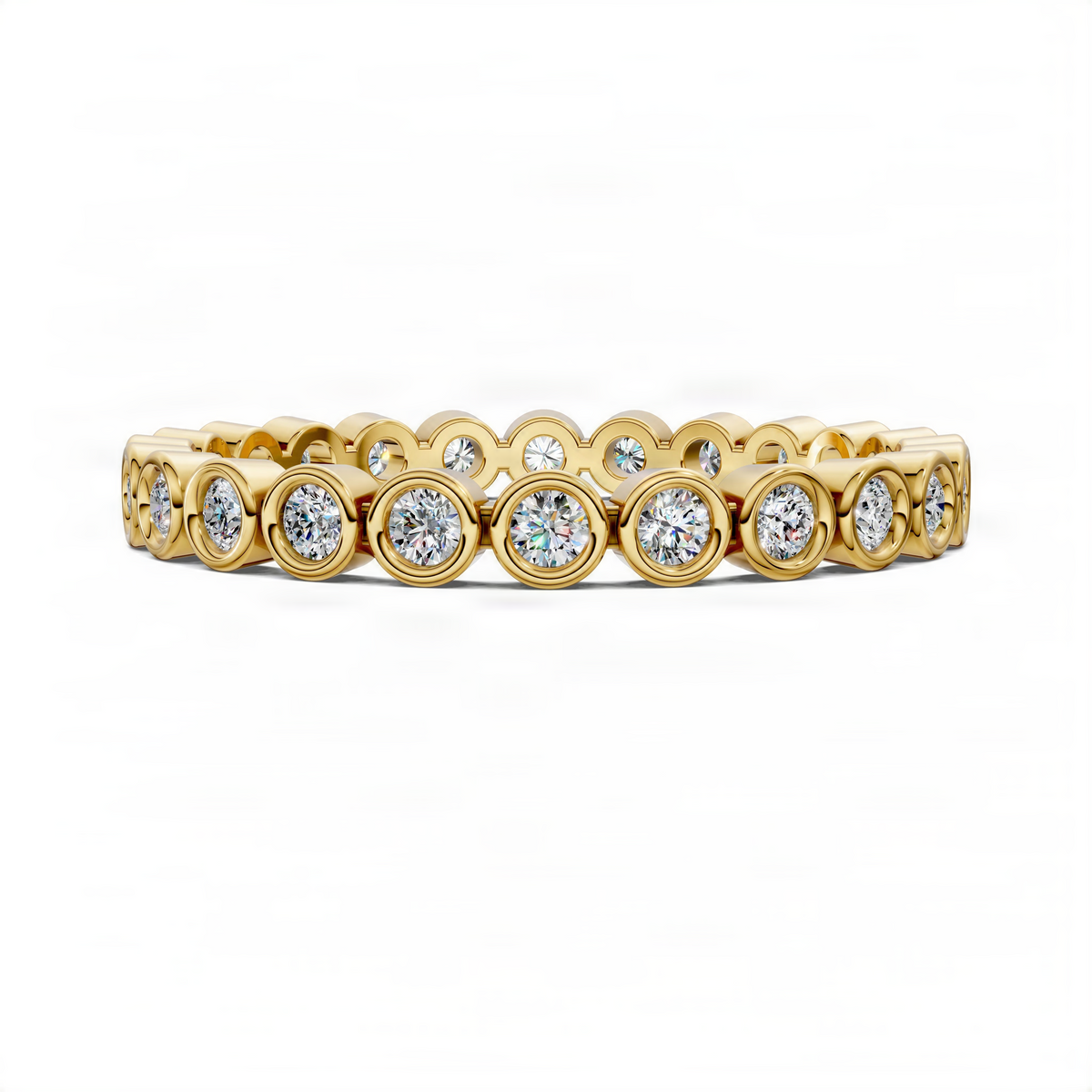 Yellow gold round diamond eternity band with bezel-set round diamonds along the top row.