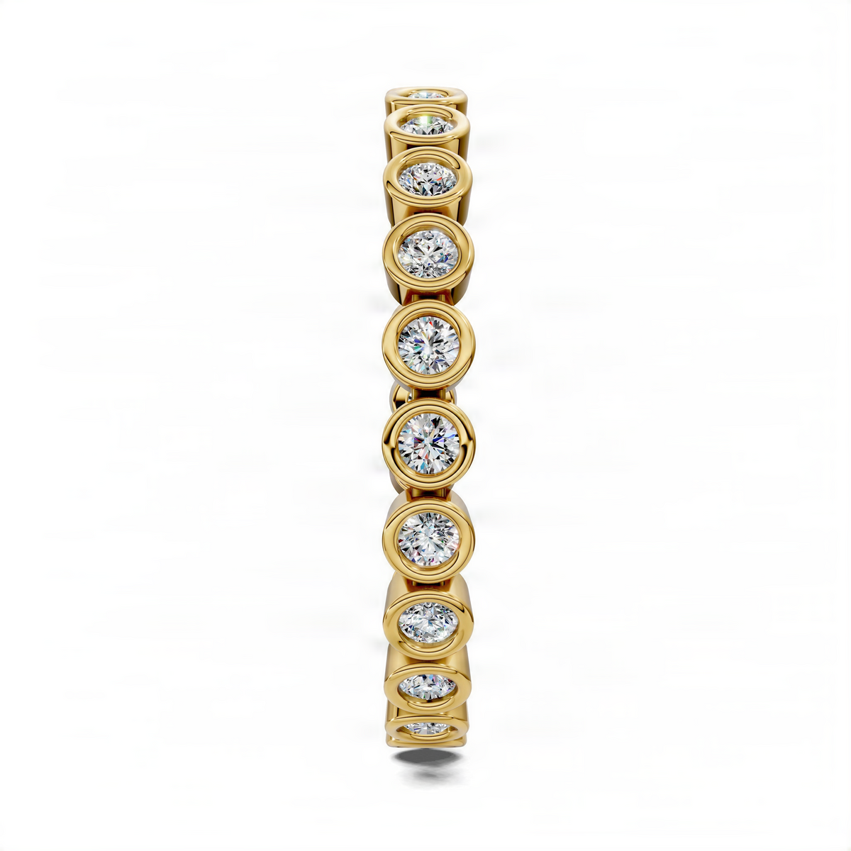 Yellow gold round diamond eternity band standing view with multiple bezel-set round diamonds.