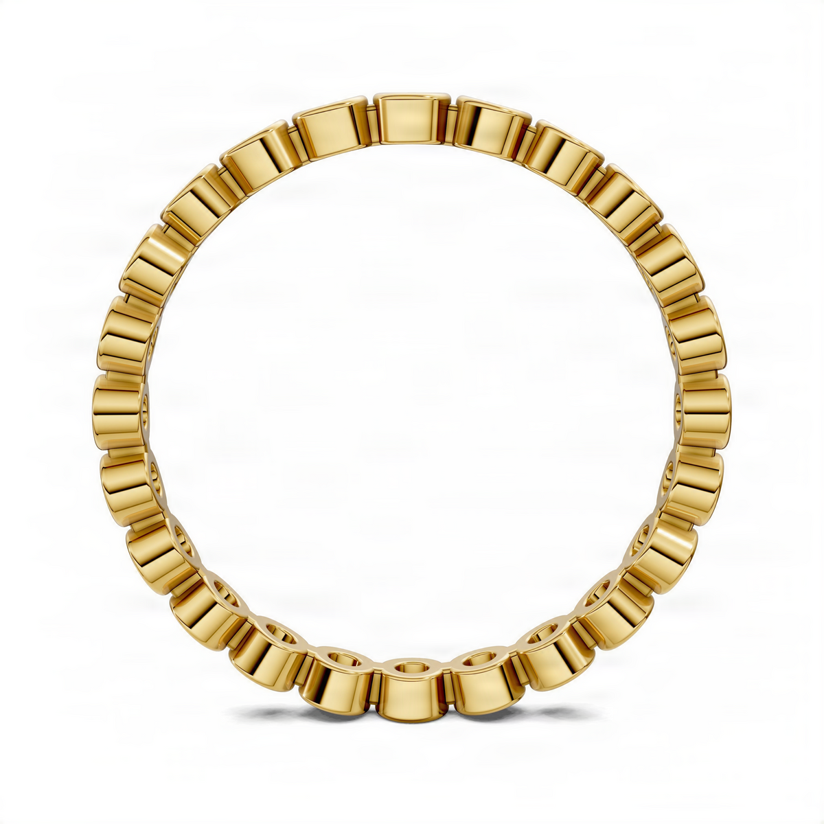 Yellow gold round diamond eternity band with linked metal segments, stones not visible.