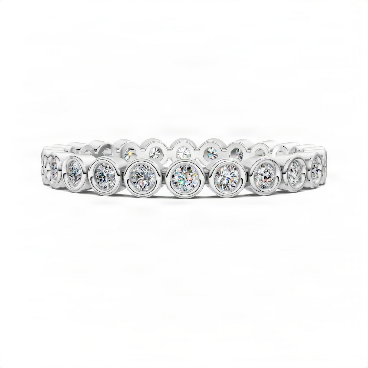 White gold round diamond eternity band with bezel-set round diamonds along the top row.