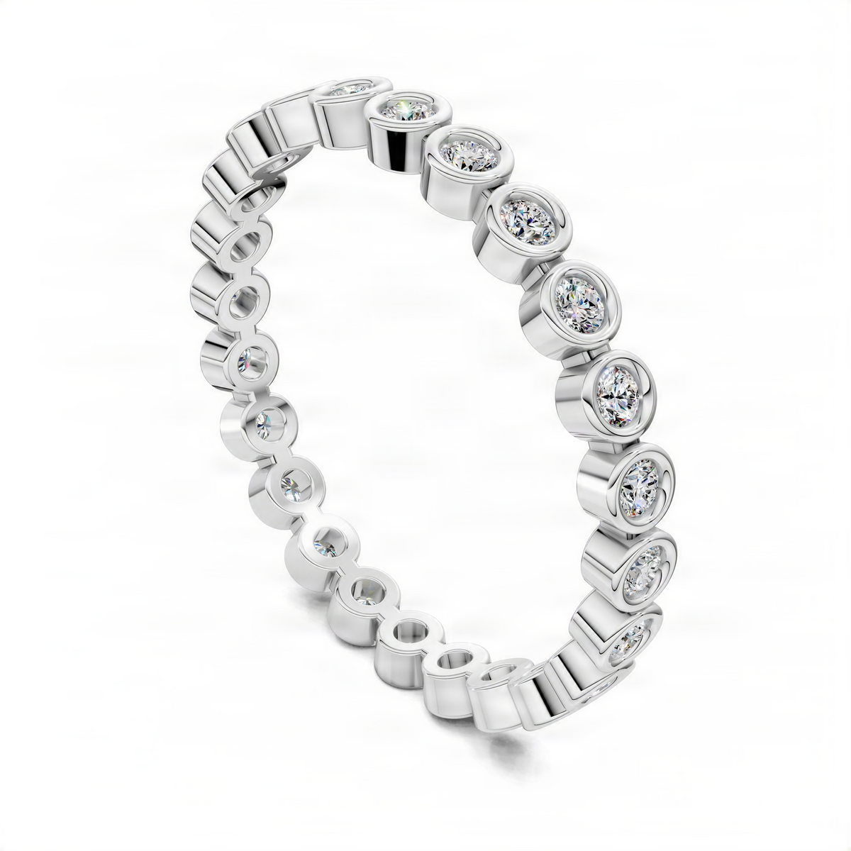White gold round diamond eternity band with bezel-set stones on a linked band, angled view.