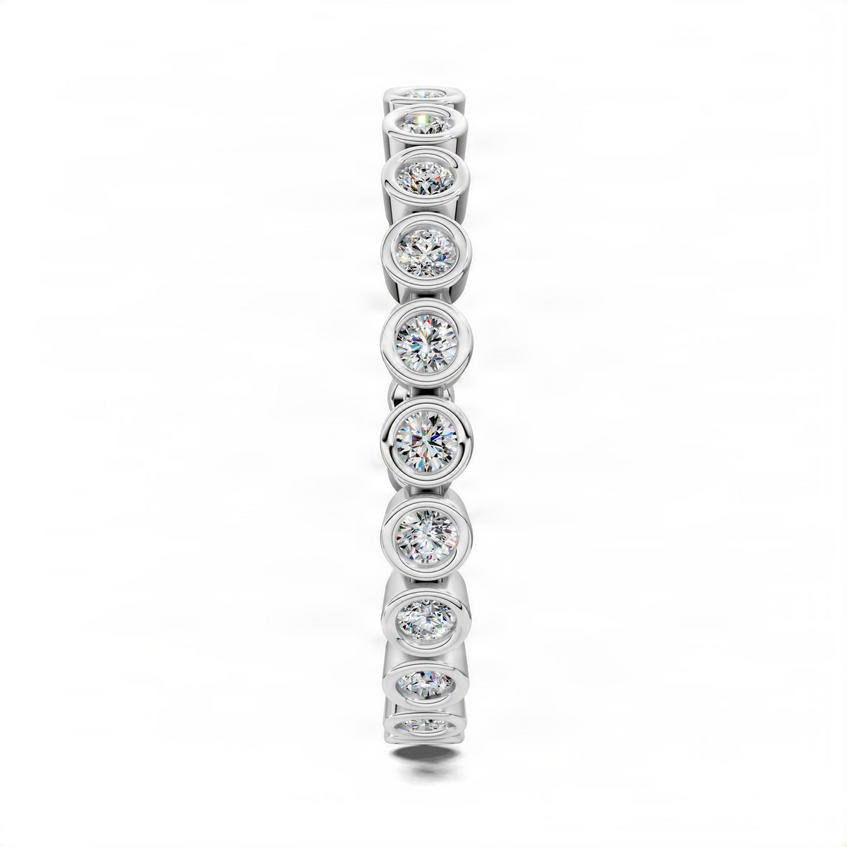 White gold round diamond eternity band with bezel-set round stones in a straight line.