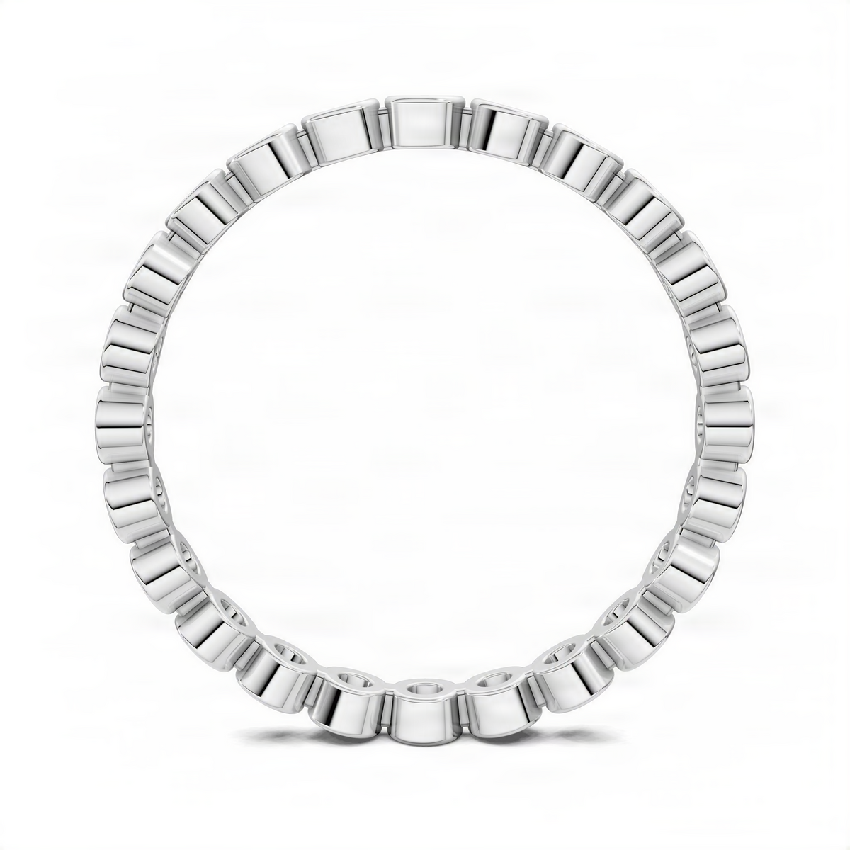 White gold round diamond eternity band with linked metal segments, no stones visible.