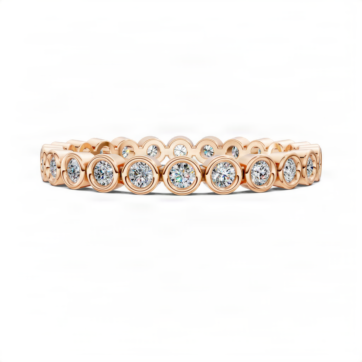 Rose gold round diamond eternity band with bezel-set round diamonds along the top row.