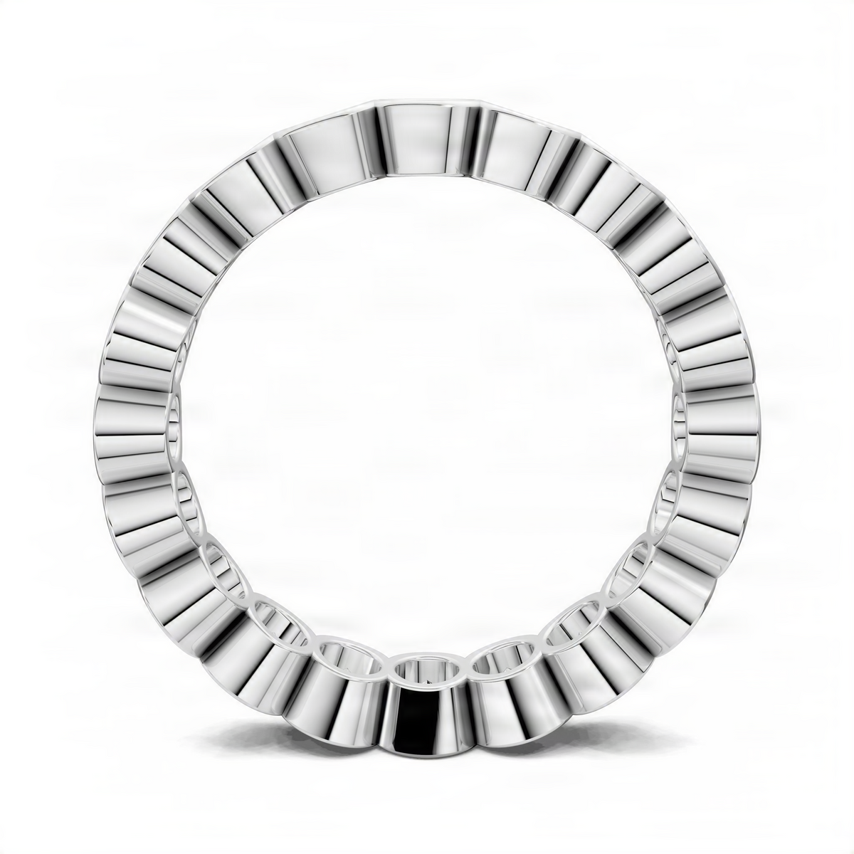 White gold oval eternity band with polished bezel link profile
