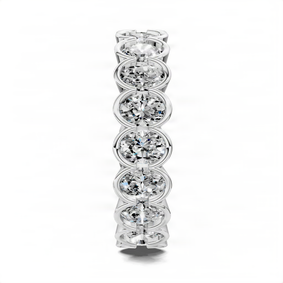 White gold oval semi-bezel eternity band with stacked oval diamonds in bezels