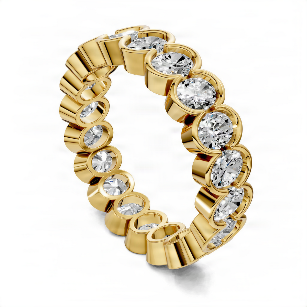 Yellow gold oval semi-bezel eternity band with oval diamonds in bezel frames
