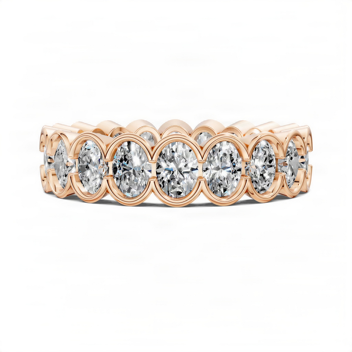 Rose gold oval semi-bezel eternity band with linked oval diamond settings