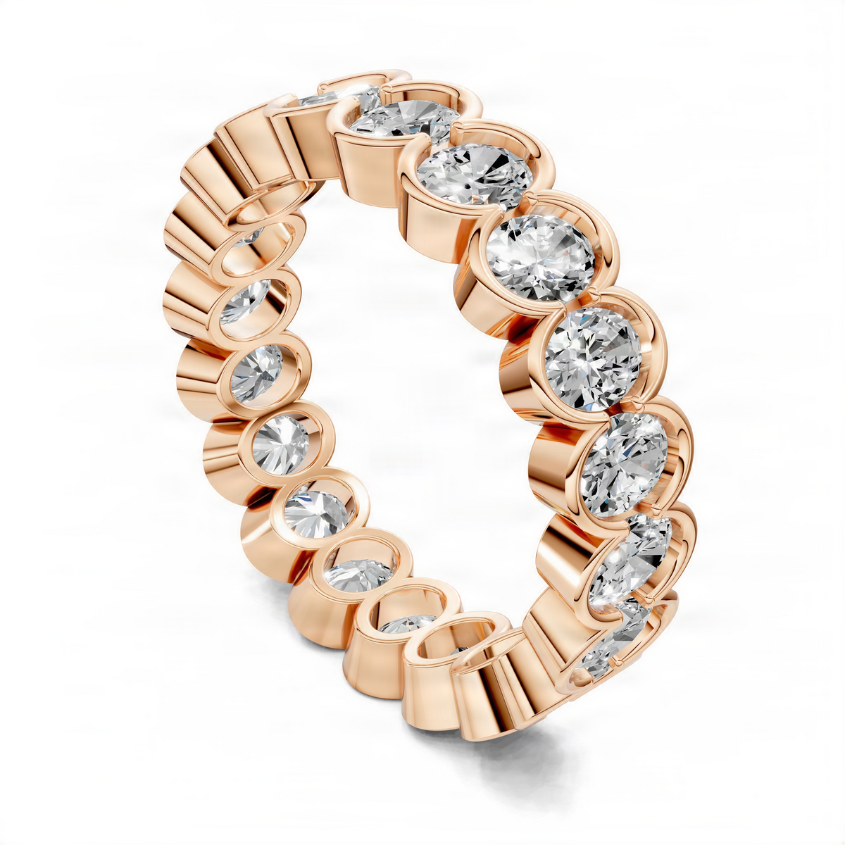 Rose gold oval eternity band with oval diamonds in semi-bezel settings, angled view