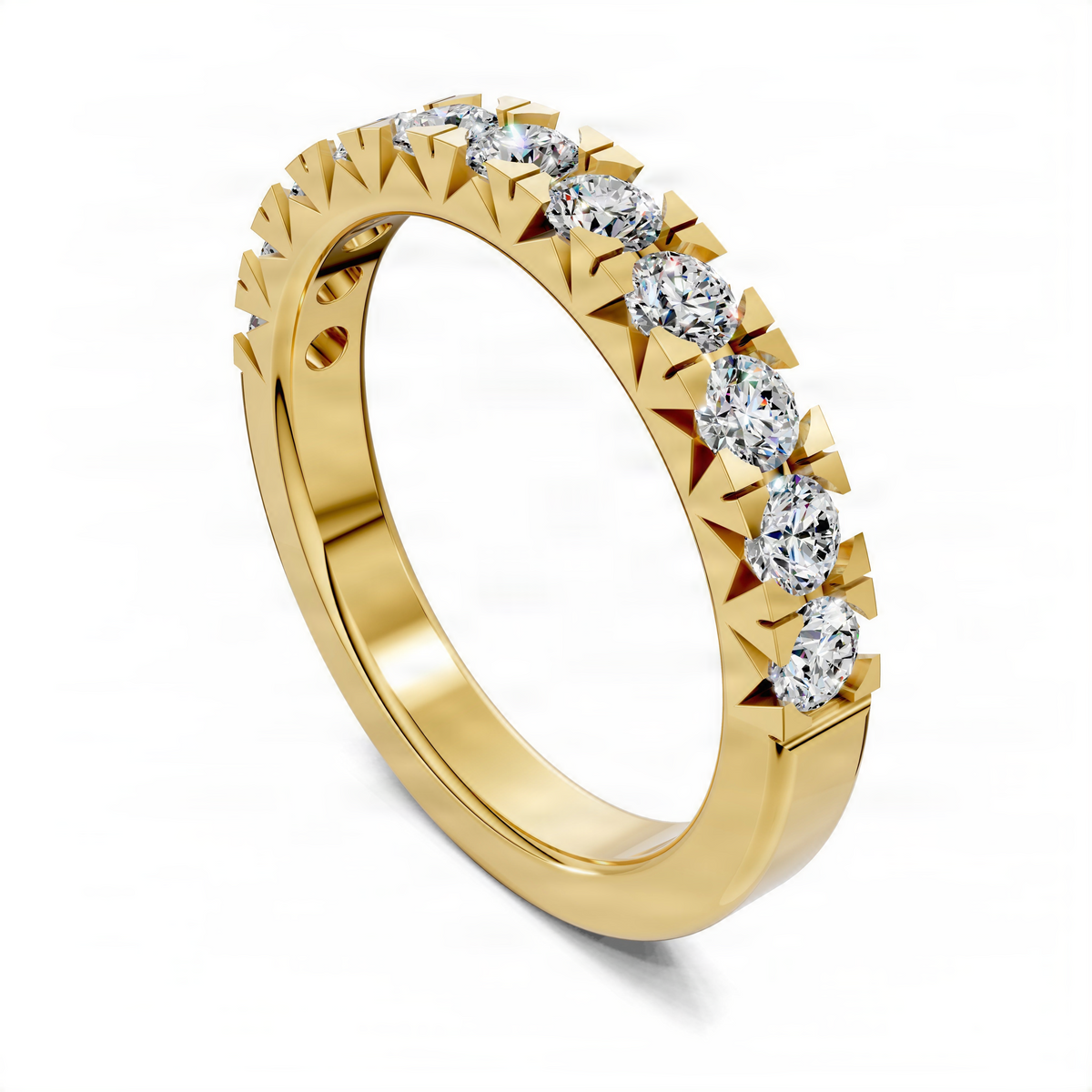Yellow gold pavé diamond band ring with geometric settings