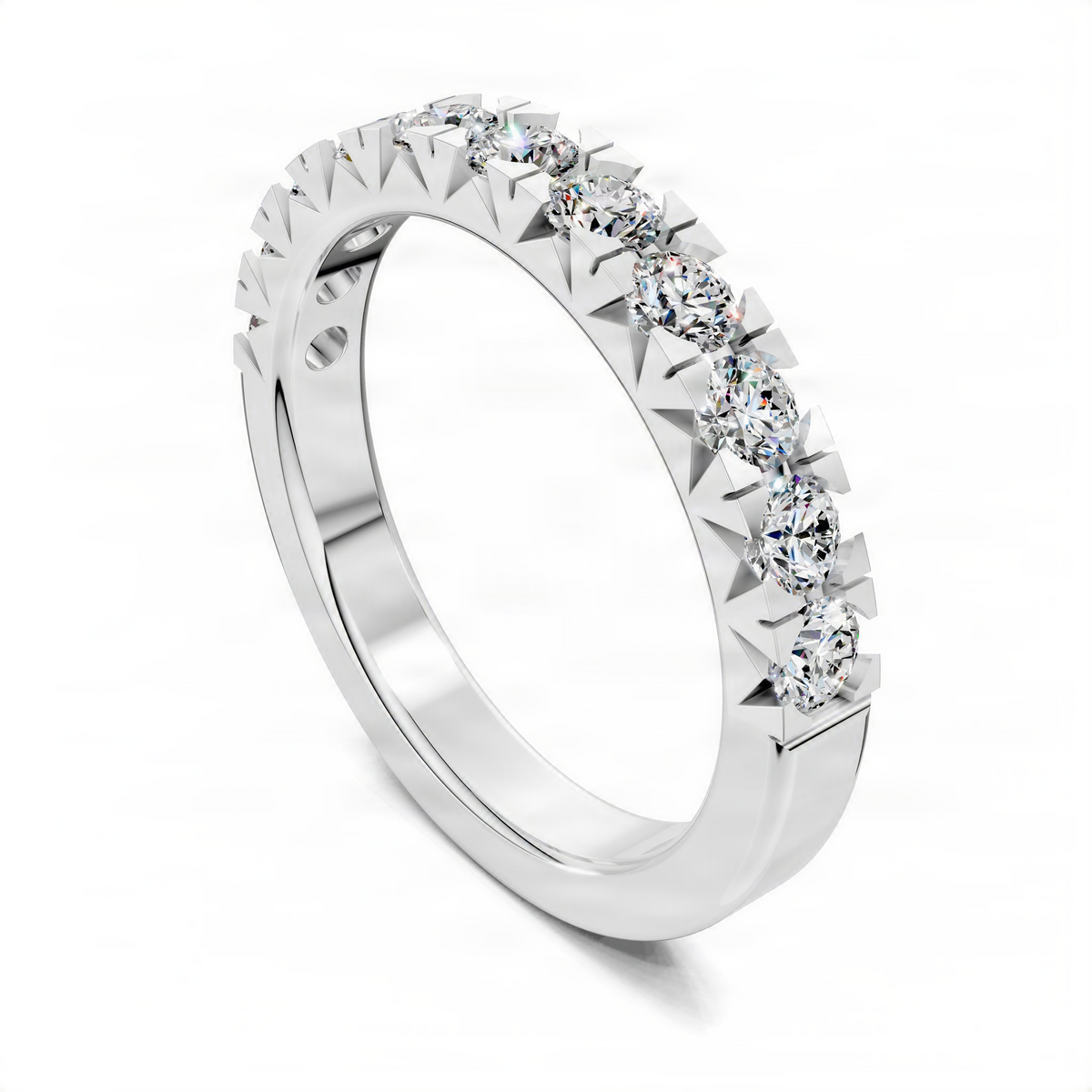French pavé diamond band ring in white gold with round stones