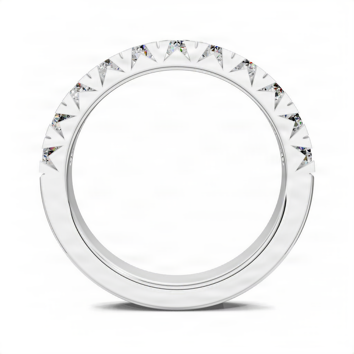 Pavé diamond ring band with triangular-set stones in polished white metal