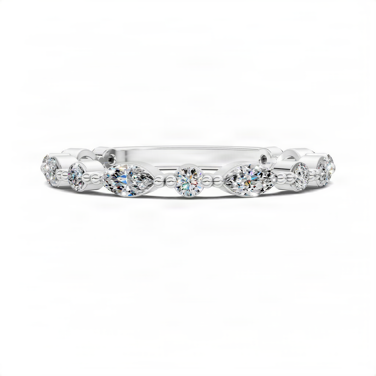 White gold diamond band with alternating round and marquise stones, straight view