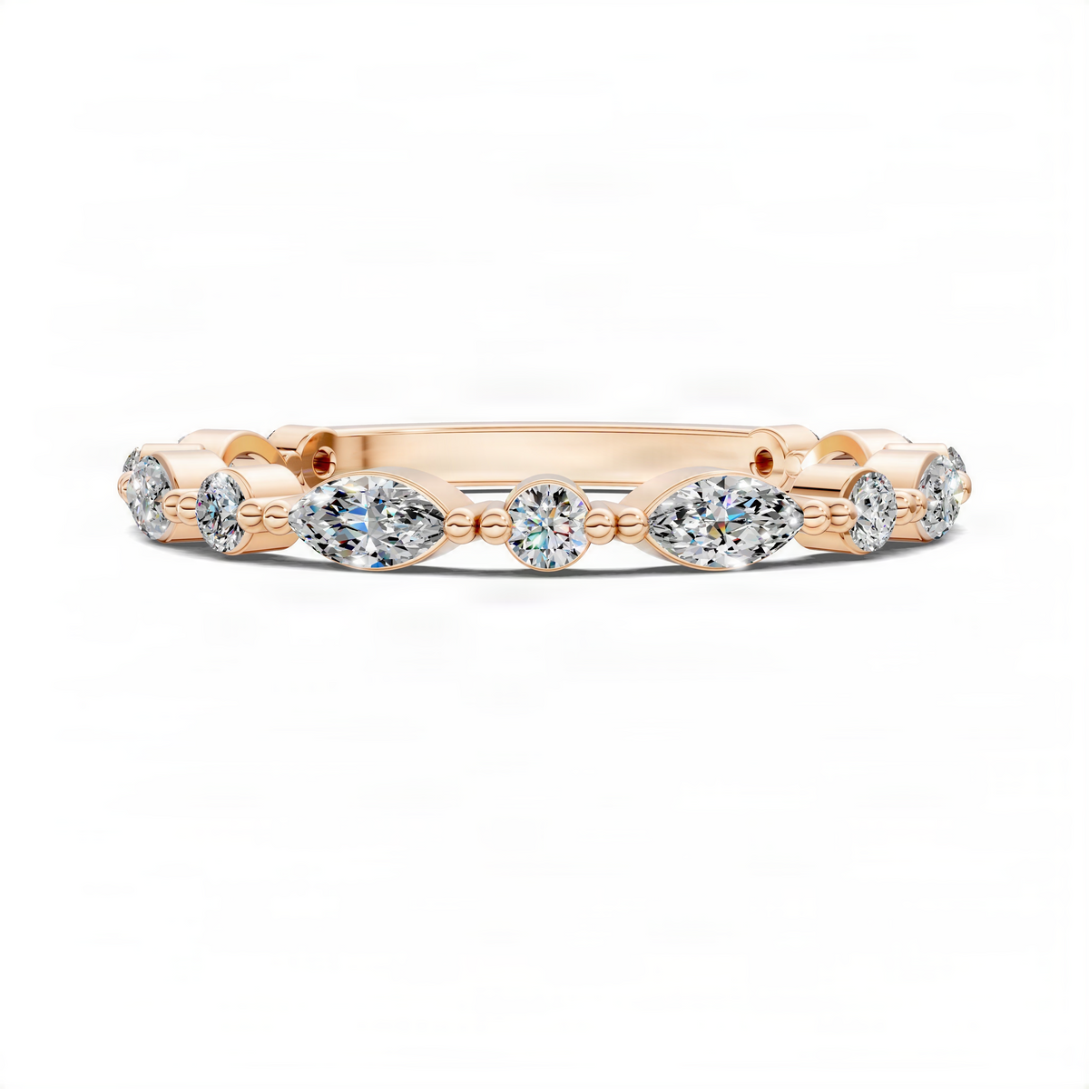 Rose gold diamond band with alternating round and marquise stones, side profile