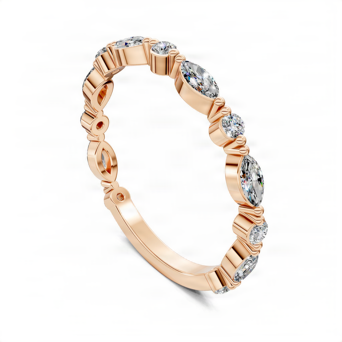 Rose gold diamond band with marquise and round stones, open side view