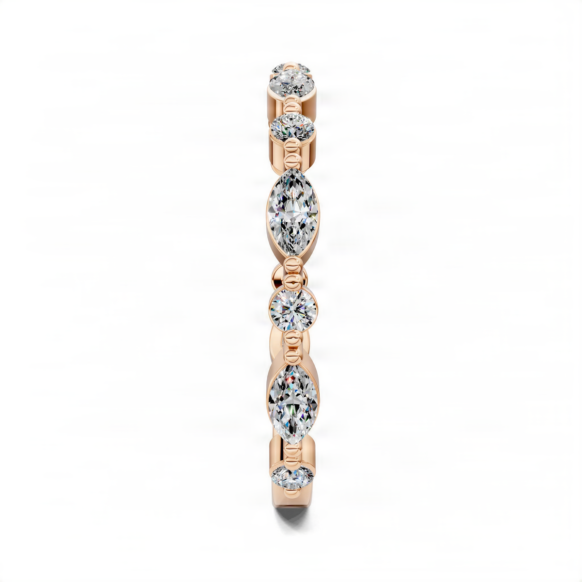 Rose gold diamond ring band with round and marquise stones in a row