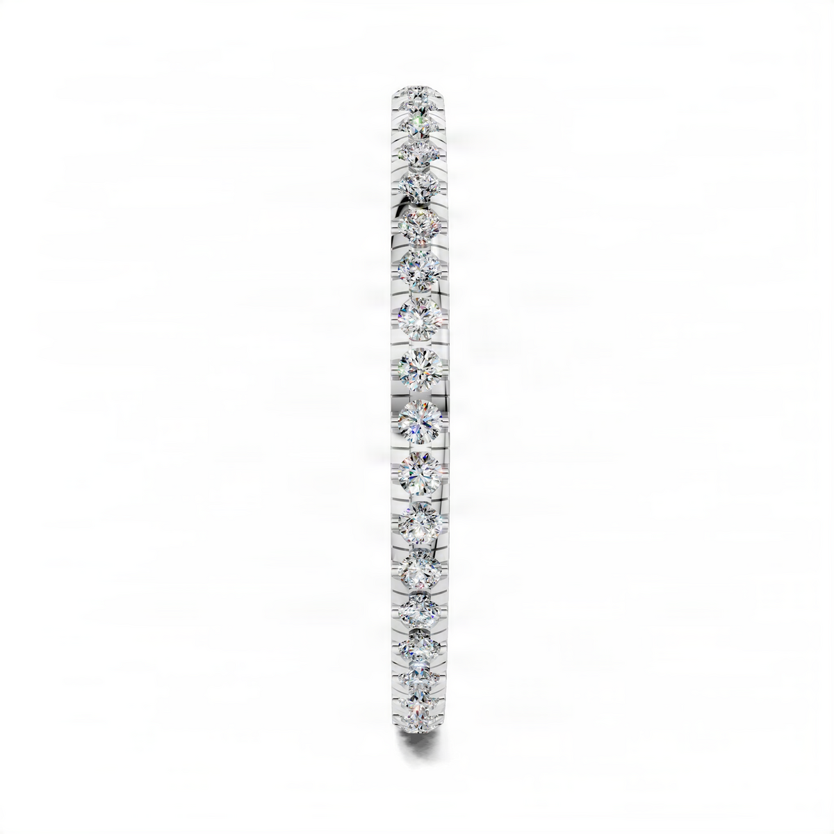 Slim scalloped pavé eternity band in white gold with round diamond accents.