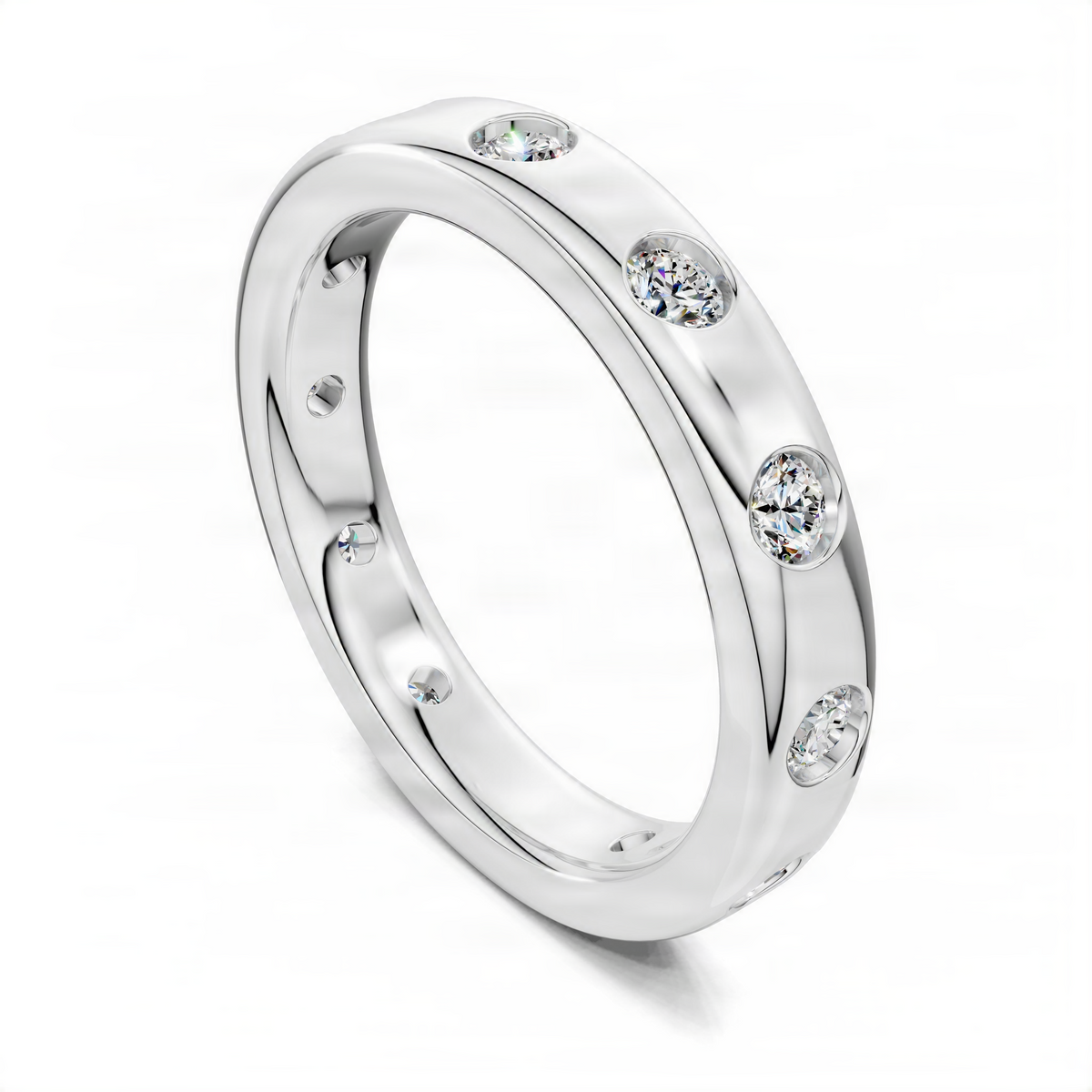 White gold flush-set diamond eternity band viewed at an angle, round diamonds visible
