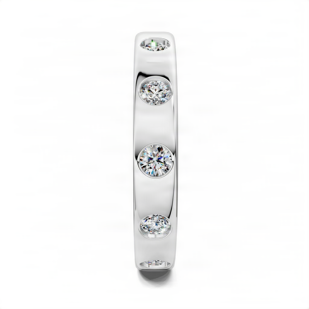 Flush-set diamond eternity band in white gold with three round diamond accents