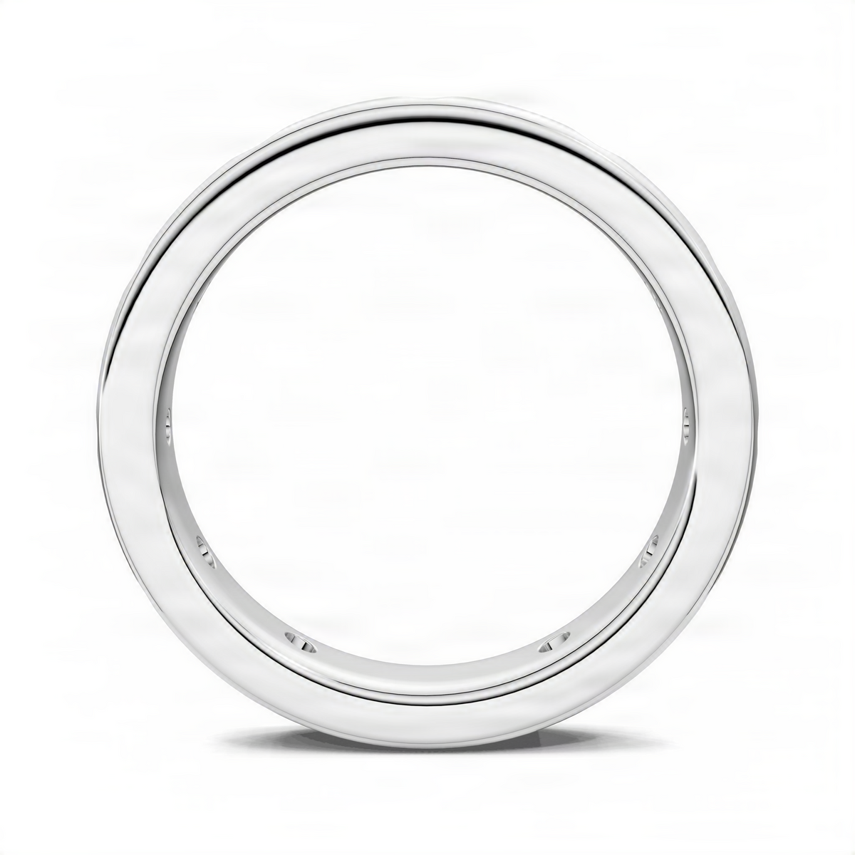 White gold diamond eternity band ring view from the side, smooth flush setting