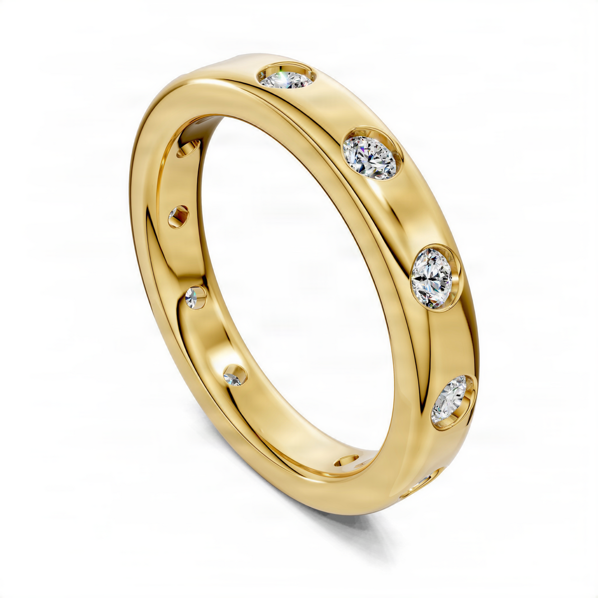 Yellow gold flush-set diamond eternity band, angled view with round diamonds set in row