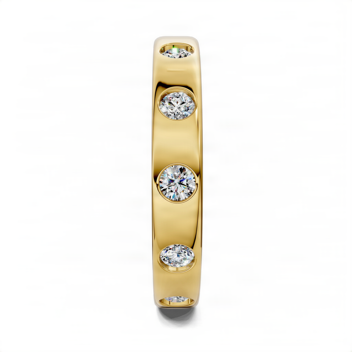 Yellow gold flush-set diamond eternity band with four round diamonds in vertical view